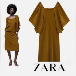 Zara Women's Olive Green Draped Batwing-Sleeve Midi Dress NWOT